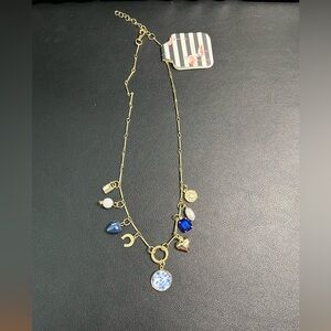 Gold Charm Necklace with Blue Accents. NWT.
